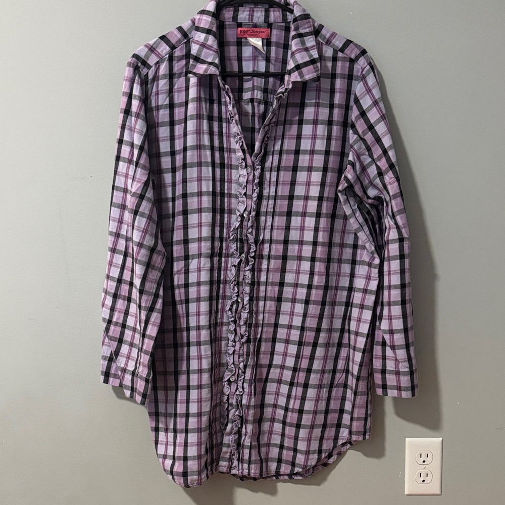 Betsey Johnson Intimates Purple Plaid Ruffle Button Up Sleep Shirt XL Womens‎